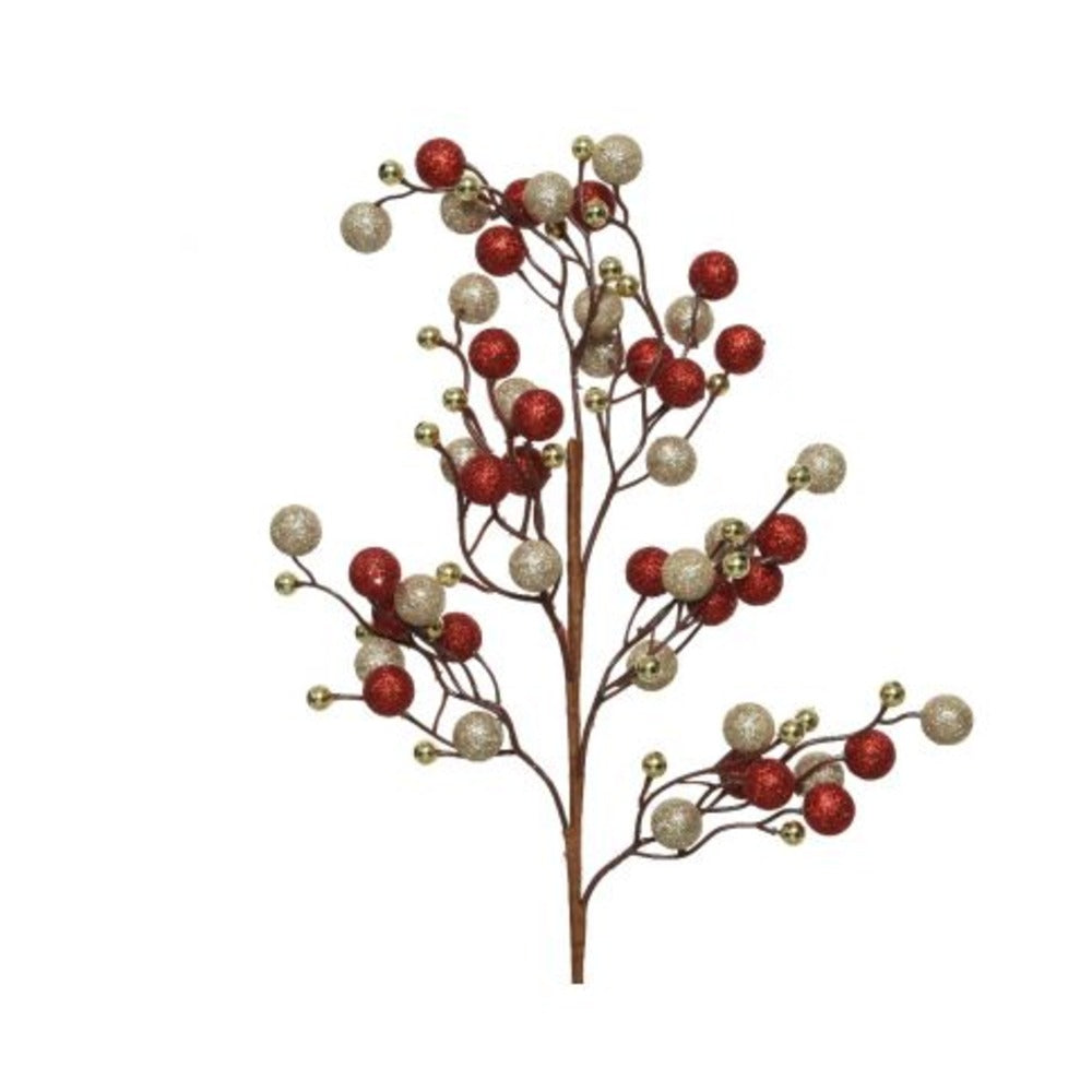 Decoris Spray Foam Berry Branch with Glitter 60cm - Red and Gold