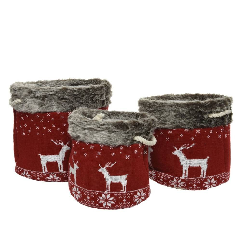 Decoris Knitted Basket Set of 3 Round with Fur - Red