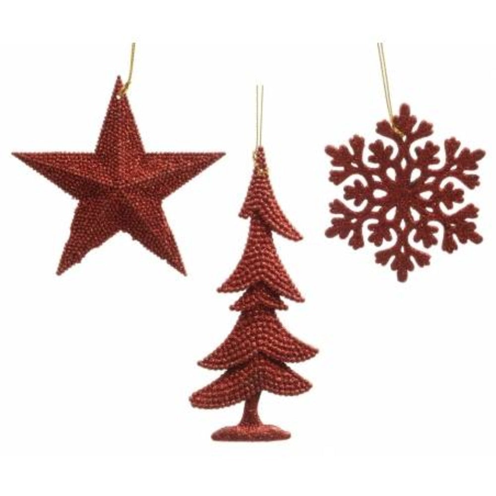 Decoris Hanging Plastic Christmas Ornament with Glitter - Red 3 Assorted