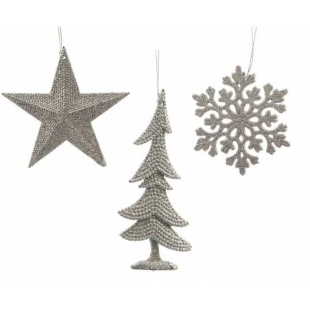 Decoris Hanging Plastic Christmas Ornament with Glitter - Silver 3 Assorted