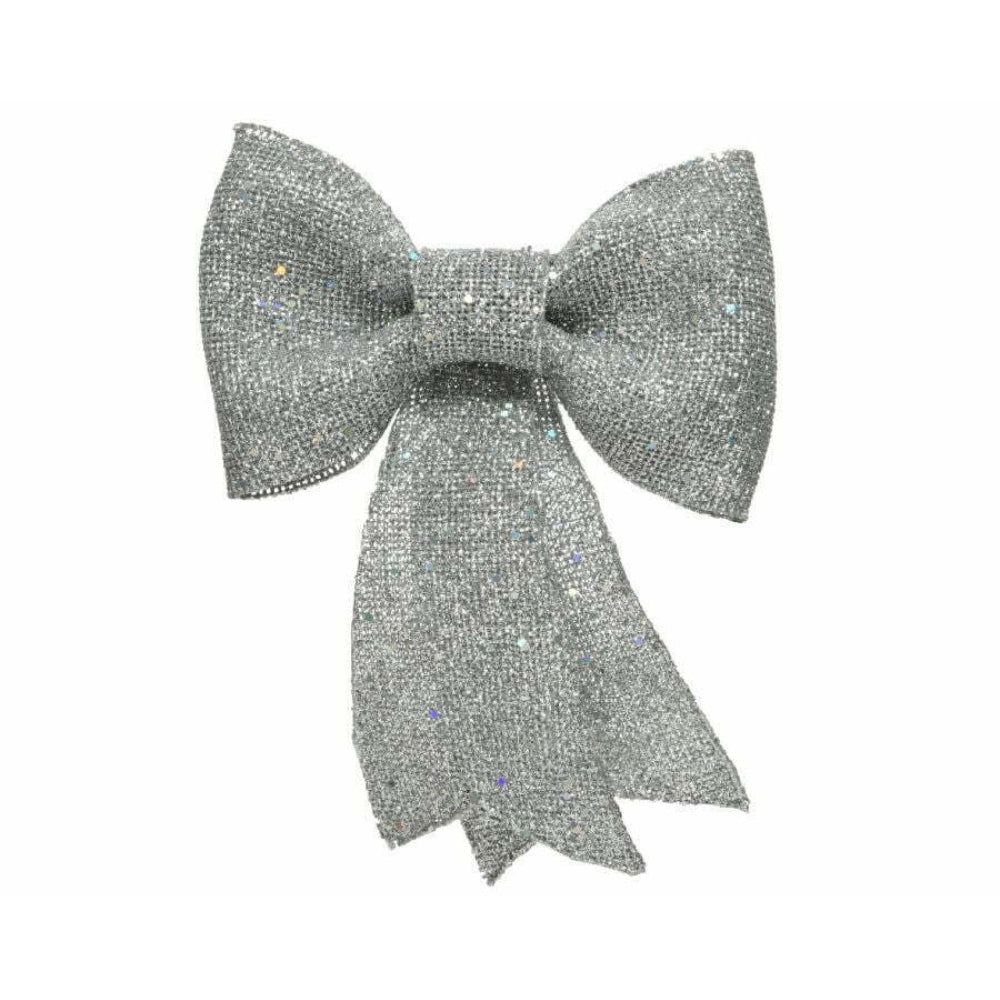 Decoris Hanging Plastic Bow with Glitter 40cm - Silver