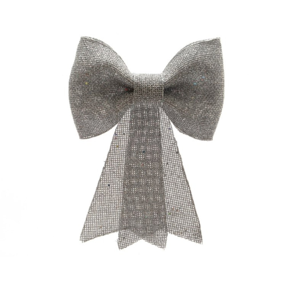 Decoris Hanging Plastic Bow with Glitter 14cm - Silver