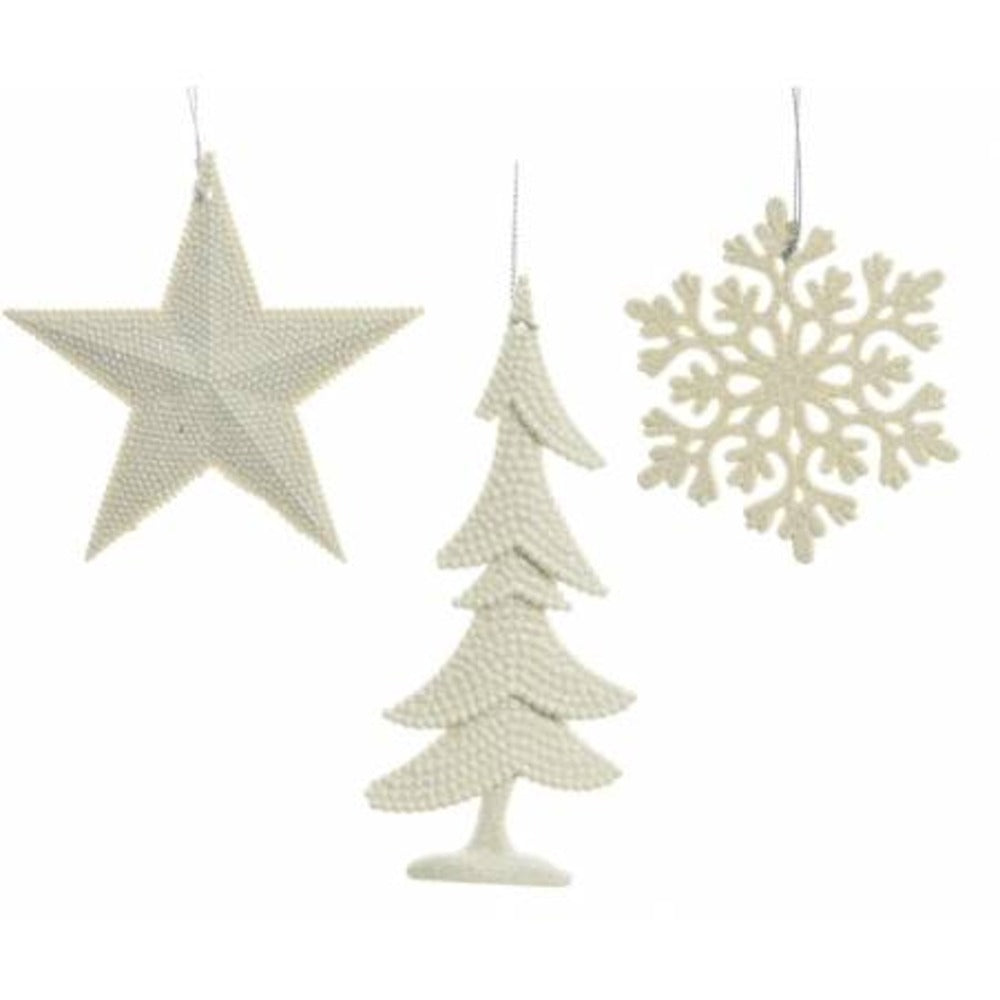 Decoris Hanging Plastic Christmas Ornament with Glitter - White 3 Assorted