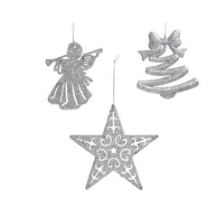 Decoris Hanging Plastic Decoration with Glitter 10cm - 3 Assorted Silver