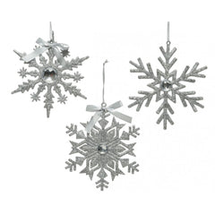 Decoris Hanging Plastic Snowflake with Diamond 15cm - 3 Assorted Silver