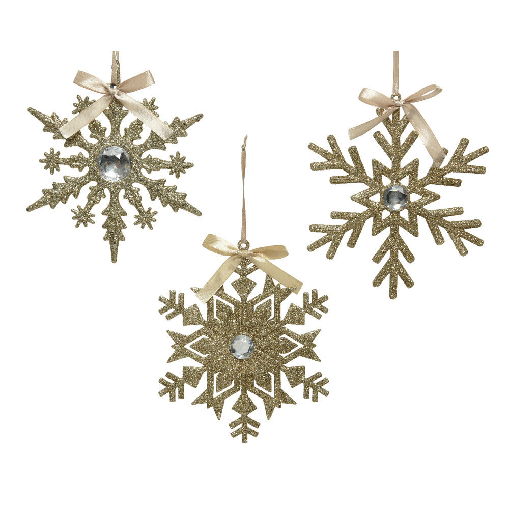 Decoris Hanging Plastic Snowflake with Glitter - Gold 3 Assorted