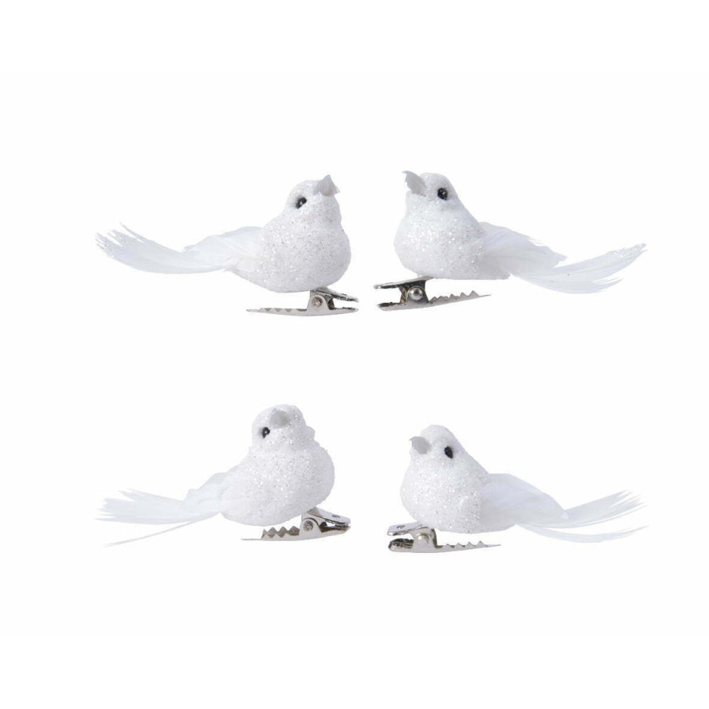 Decoris Clip-On Foam Bird Set of 4 with Feathers 5cm - White