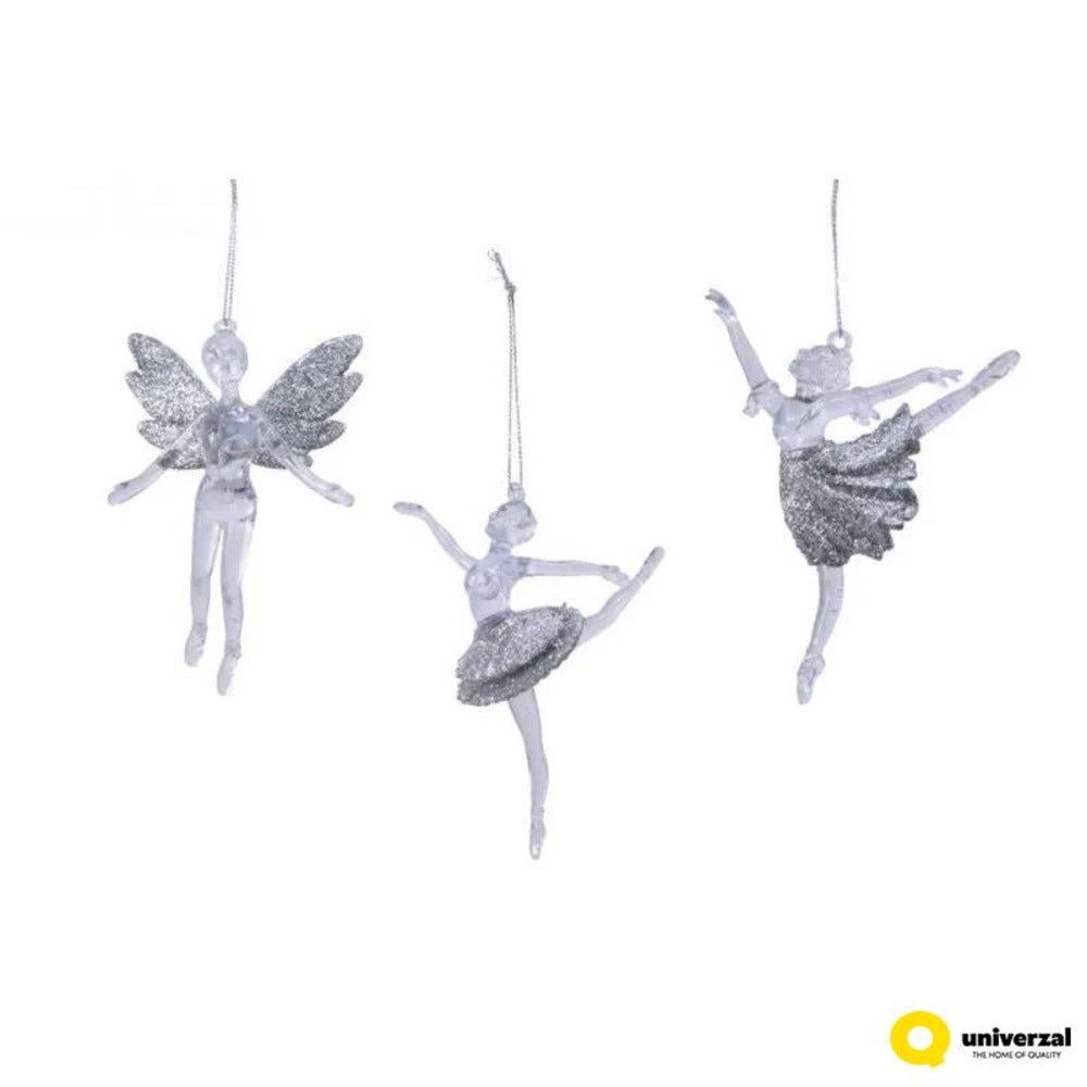 Decoris Hanging Acrylic Fairy with Glitter 14cm - 3 Assorted Silver