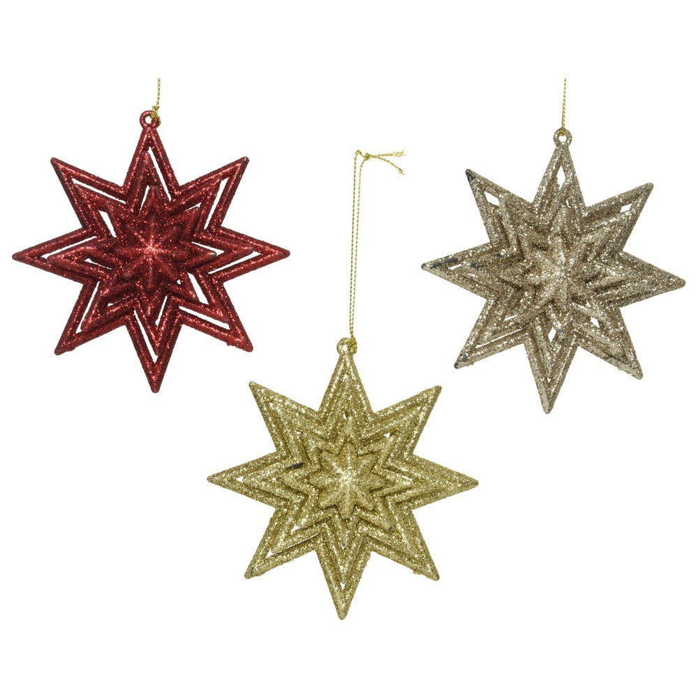 Decoris Hanging Plastic Star with Glitters 11cm - 3 Assorted Colours