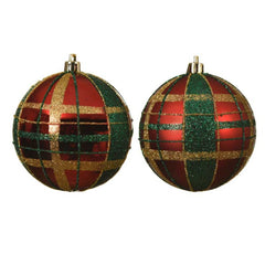 Decoris Shatterproof Bauble with Checkered Design 8cm - Red, Gold and Green