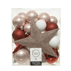 Decoris Shatterproof Bauble Set of 33 Pieces with Star Tree Topper - Red/ Pink Mixed Colours