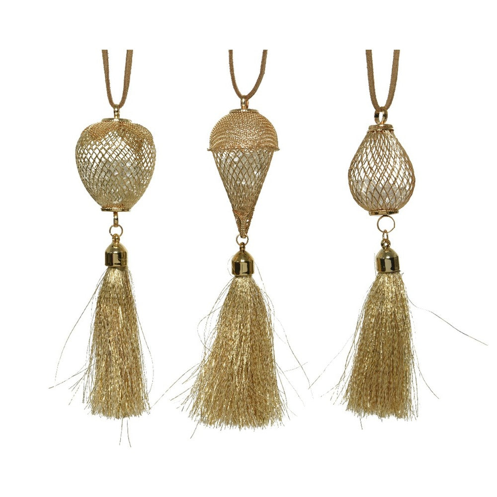 Decoris Iron Mesh Drop Ornament with Tassel 23cm - Gold 3 Assorted