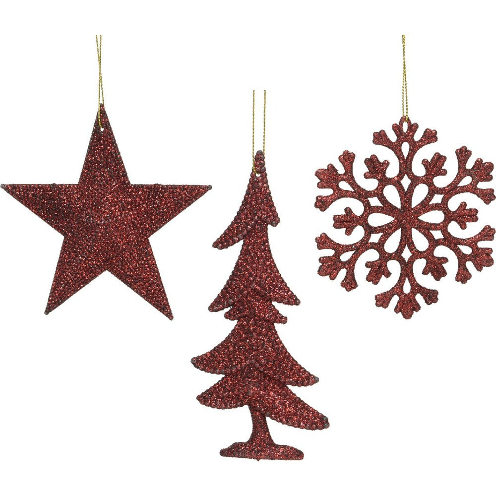 Decoris Hanging Plastic Christmas Ornament with Glitter - Oxblood 3 Assorted