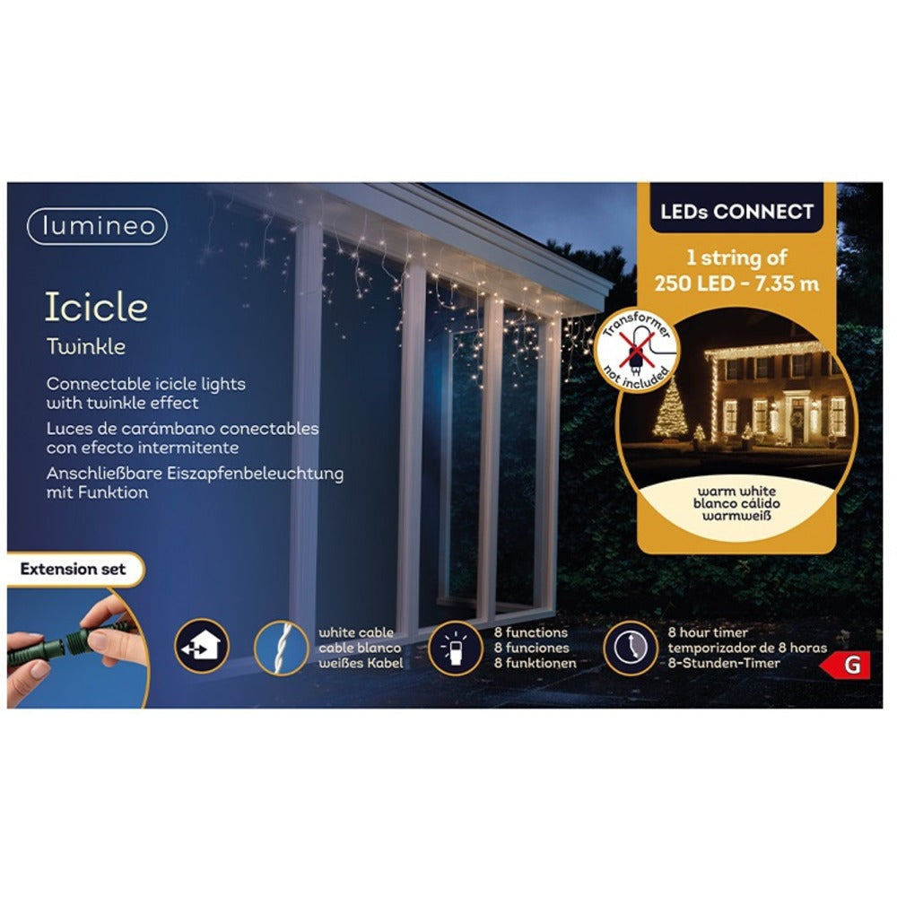 Lumineo Connect Icicle Extension Set 250 Led Lights 7.35m - Warm White (without Transformer)