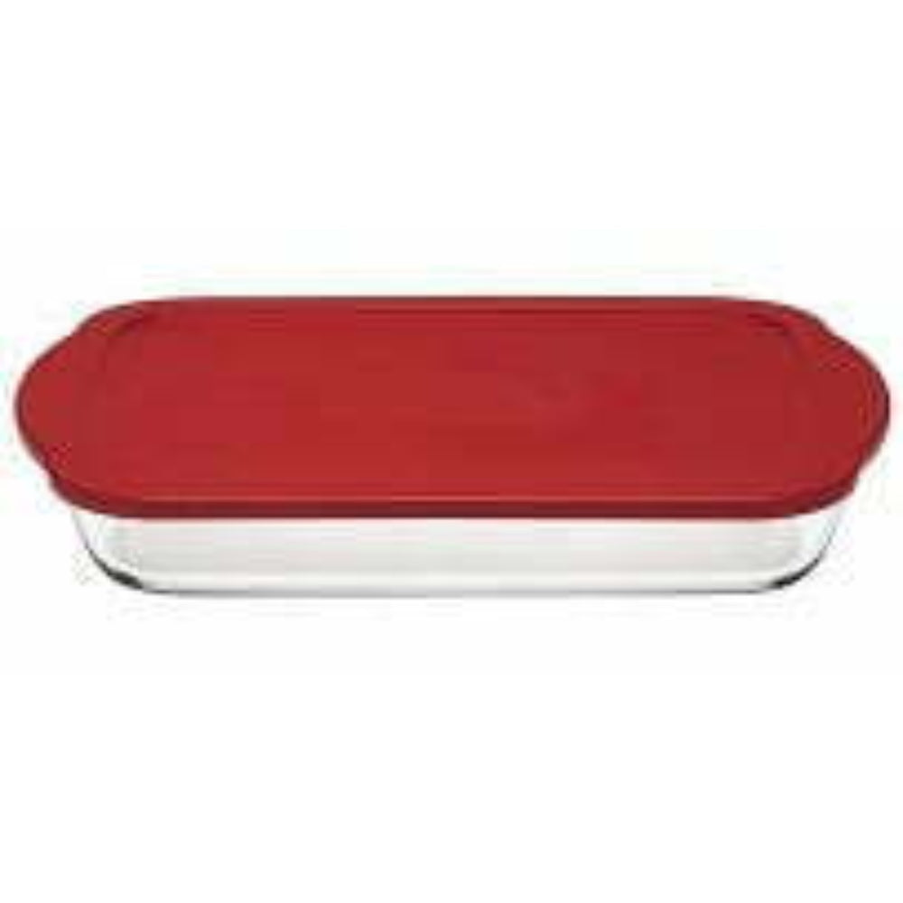 Pasabahce Borcam Casserole Dish with Red Plastic Lid 25 x 22cm 1.95L