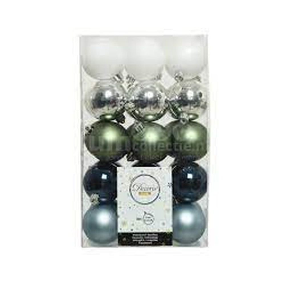 Decoris Shatterproof Bauble Box of 30 Pieces 6cm - Blue, Green, Silver and White