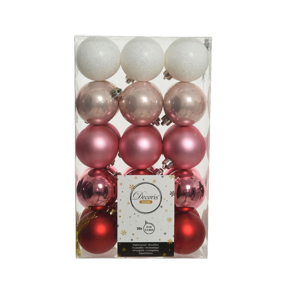 Decoris Shatterproof Bauble Box of 30 Pieces 6cm - Red, Pink and White