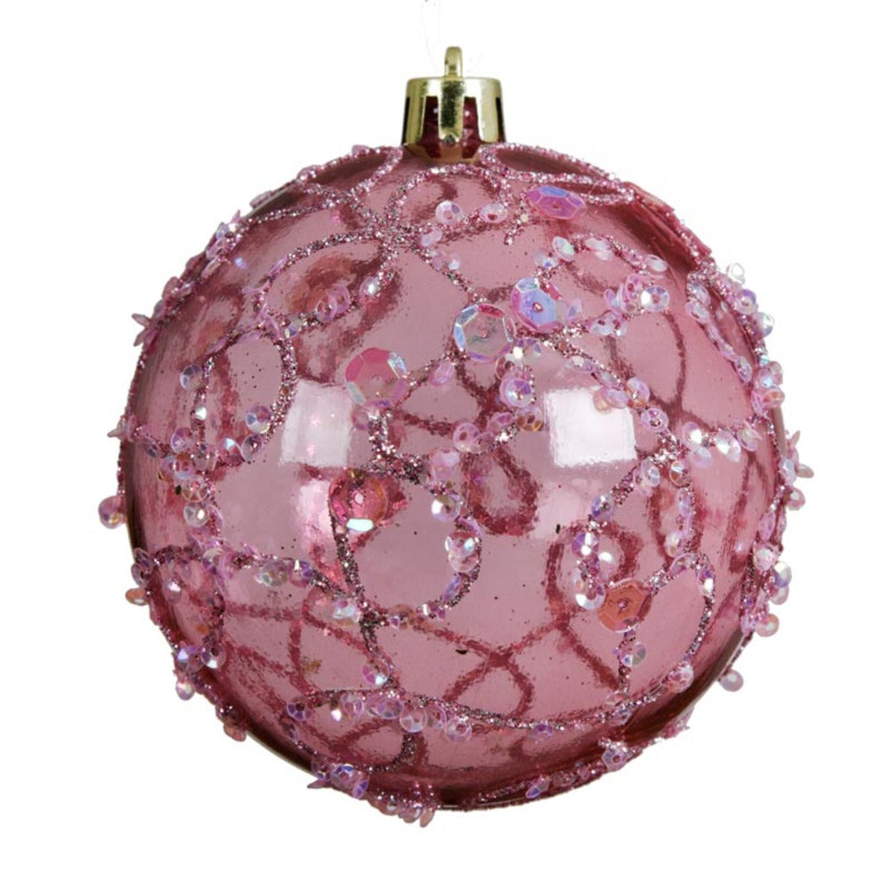 Decoris Shatterproof Transparent Bauble with Glitter and Sequins Design 8cm - Pink