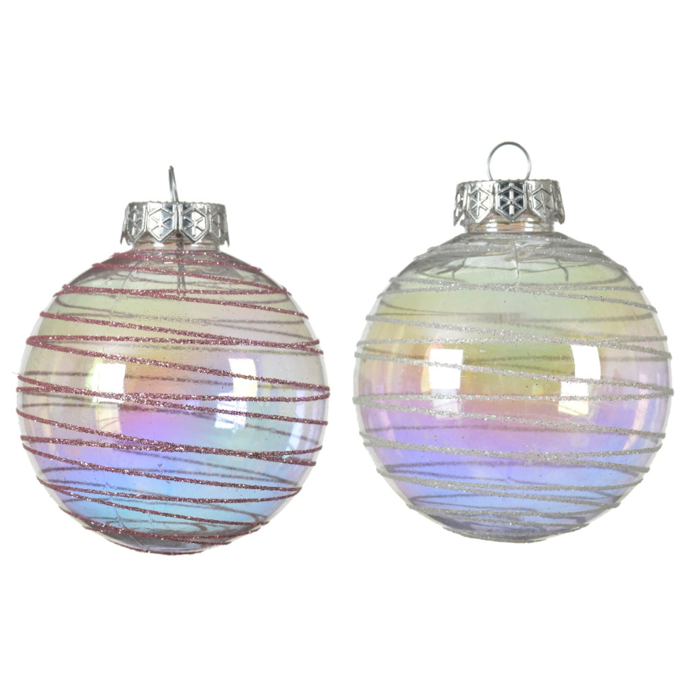 Decoris Shatterproof Bauble with Glitter Stripes 8cm - Iris/Transparent