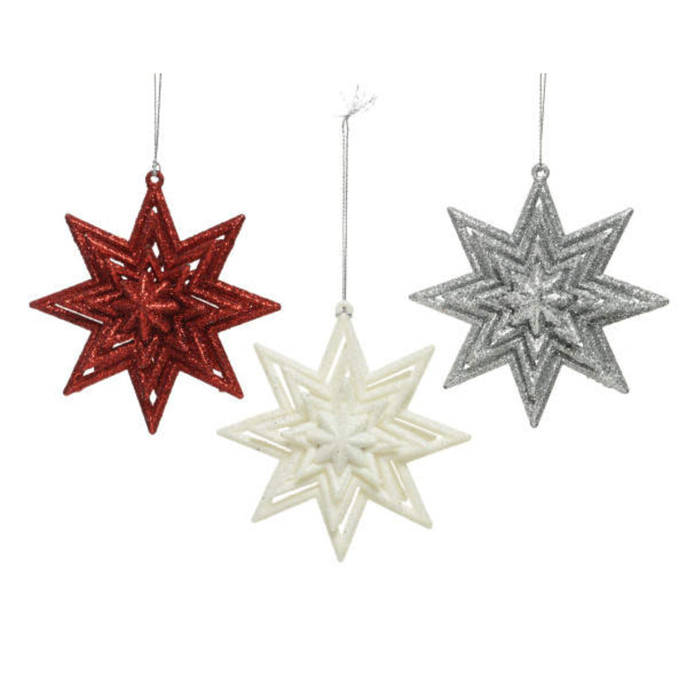 Decoris Hanging Plastic Star with Glitters 11cm - 3 Assorted Colours