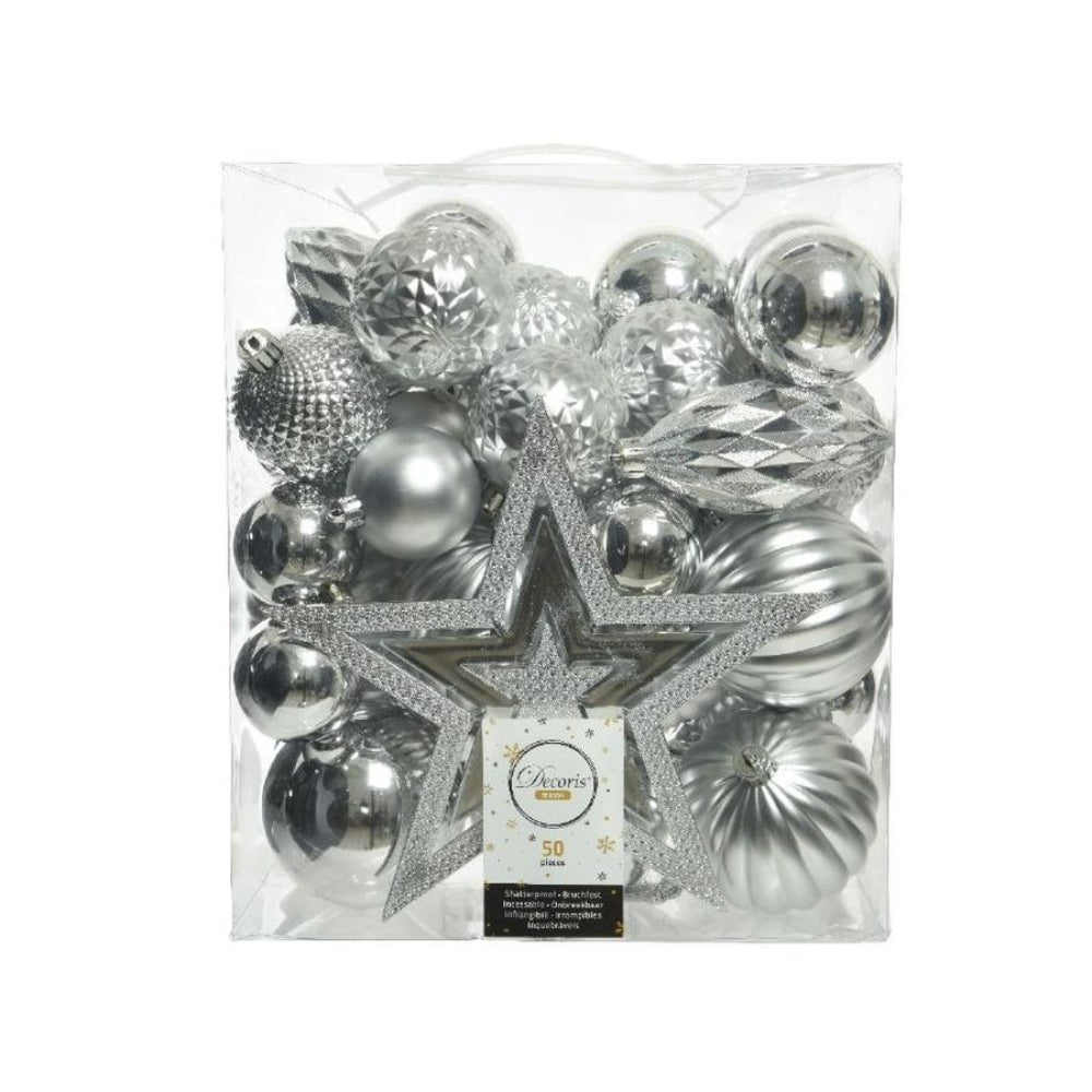 Decoris Shatterproof Baubles Box of 50 Pieces with Star Topper 8cm - Silver