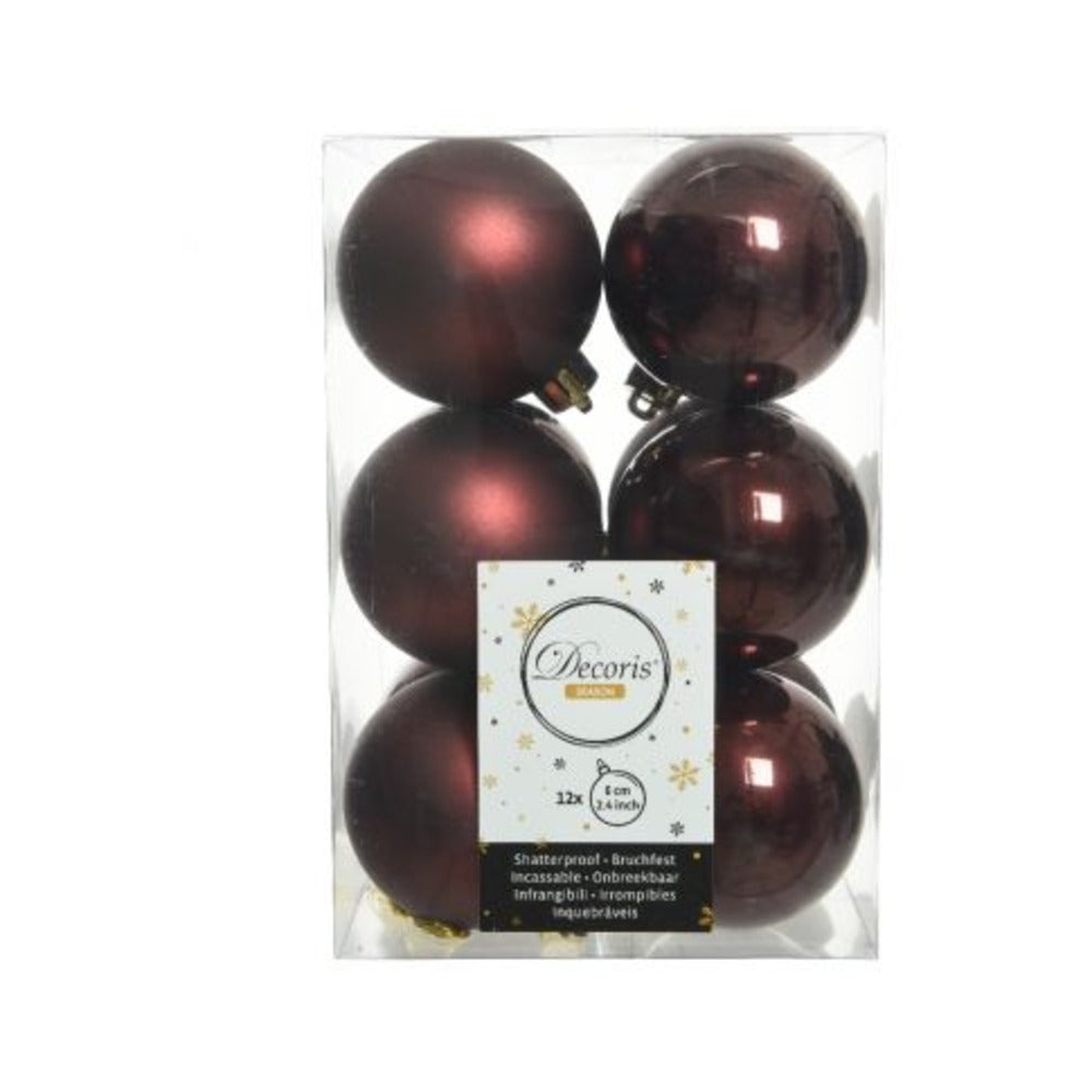 Decoris Shatterproof Baubles Box of 12 Pieces 6cm - Dark Brown