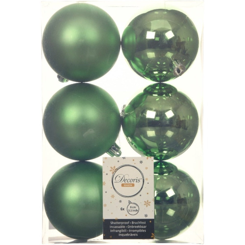 Decoris Shatterproof Baubles Box of 6 Pieces 8cm - Mistletoe Green