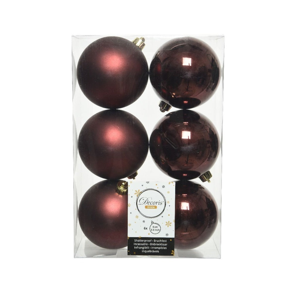 Decoris Shatterproof Baubles Box of 6 Pieces 8cm - Rosewood