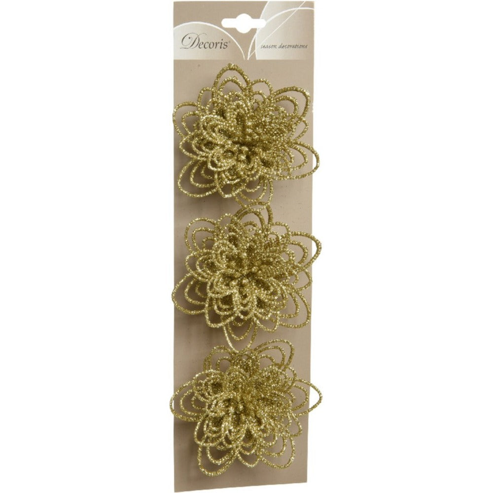 Decoris Clip-On Plastic Flower Set of 3 with Glitter 10cm - Gold