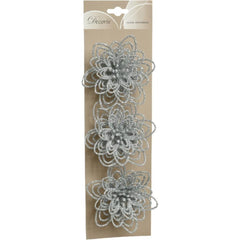 Decoris Clip-On Plastic Flower Set of 3 with Glitter 10cm - Silver