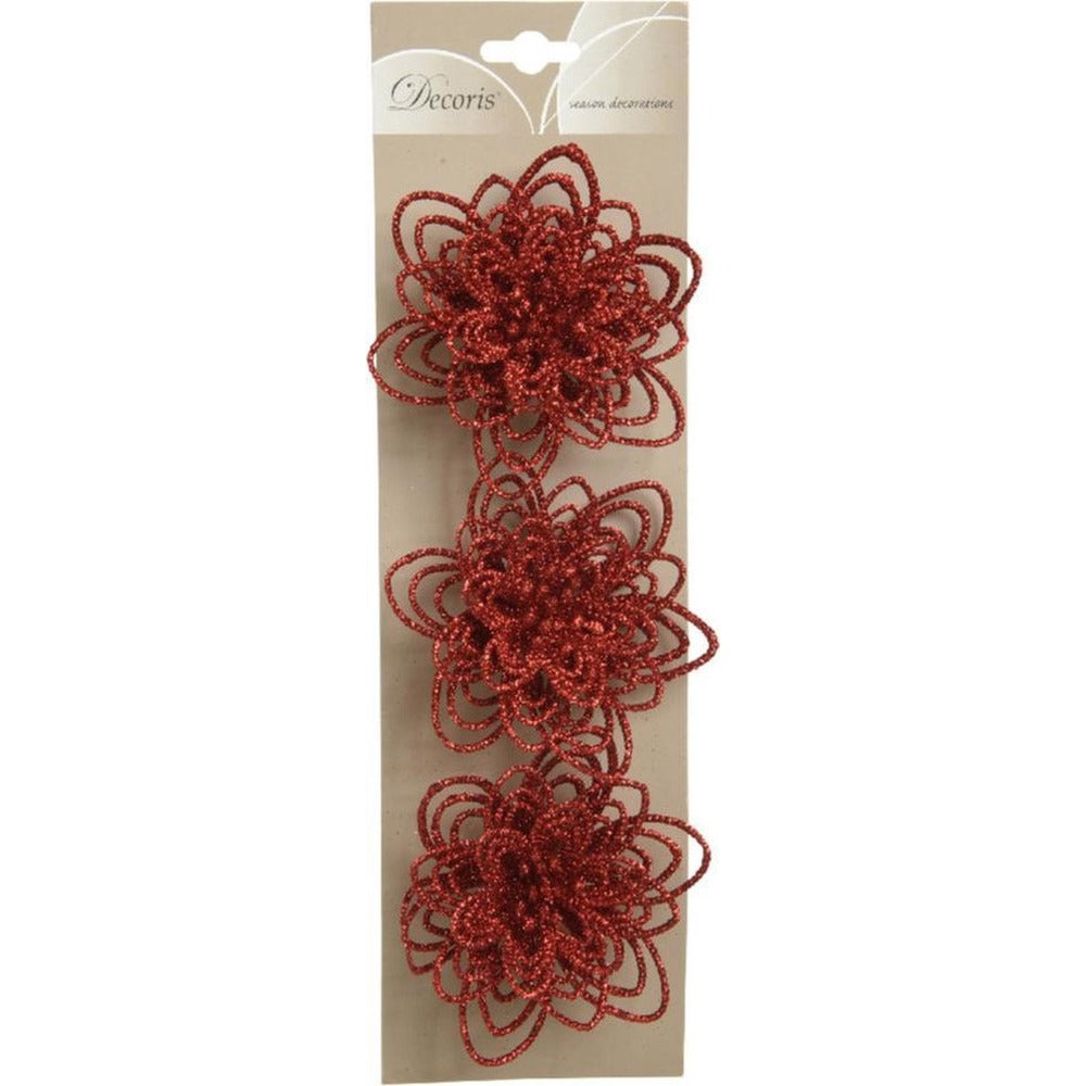 Decoris Clip-On Plastic Flower Set of 3 with Glitter 10cm - Red
