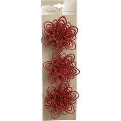 Decoris Clip-On Plastic Flower Set of 3 with Glitter 10cm - Red