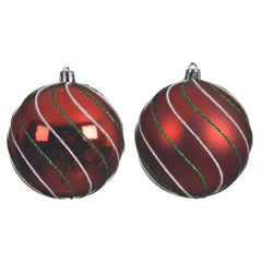 Decoris Shatterproof Bauble with Green and White Stripe Twists 8cm - Shiny or matte Red