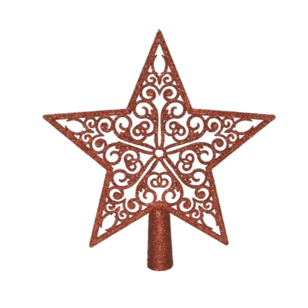 Decoris Shatterproof Hollow Star Tree Topper 21cm with Glitter - Christmas Red