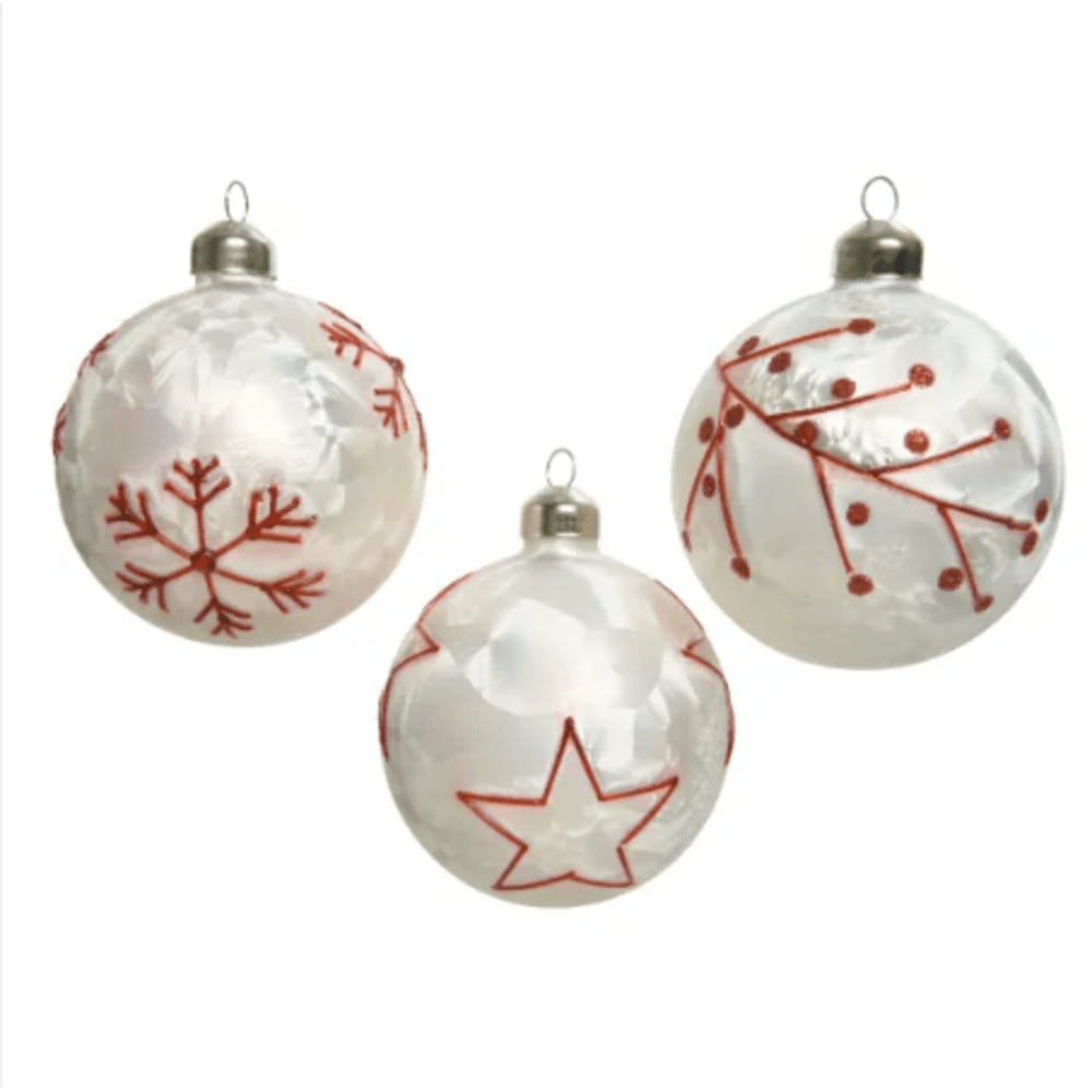 Decoris Glass Bauble with Ice Lacquer Finish and Red Design 8cm - 3 Assorted Designs