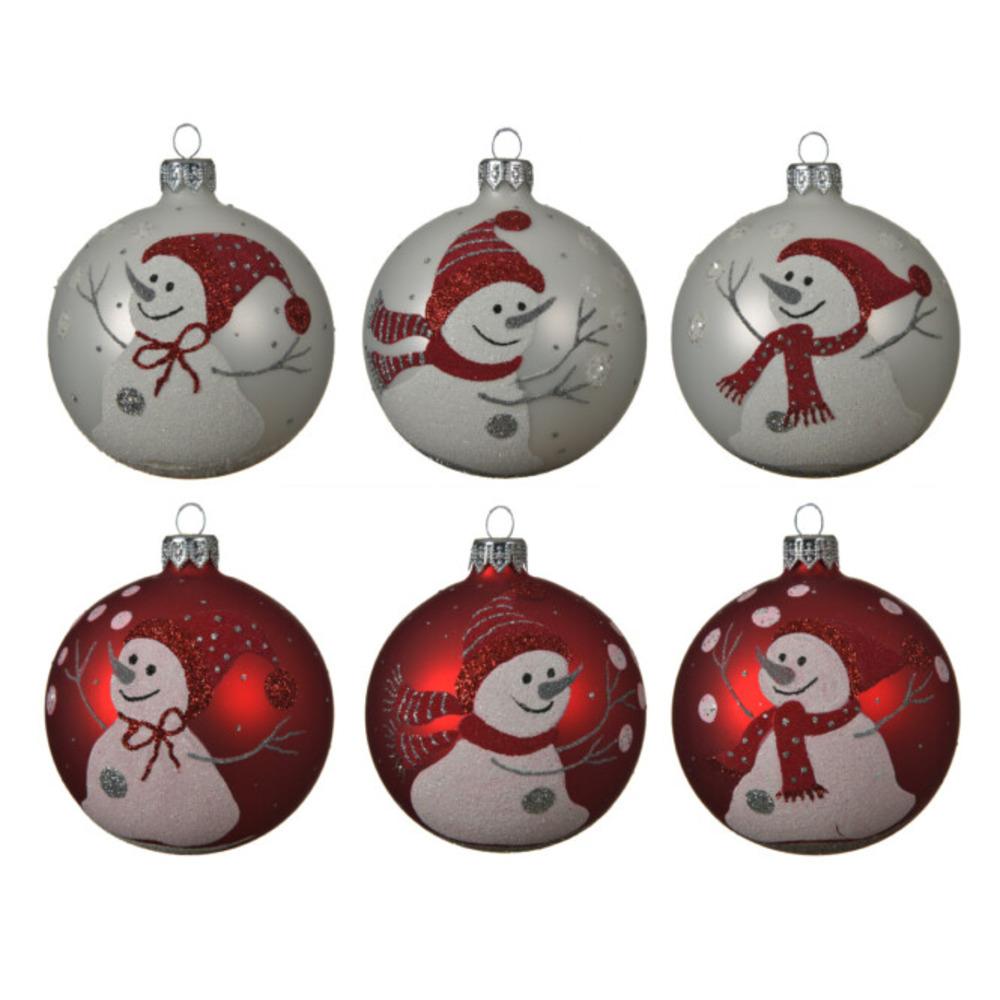 Decoris Glass Bauble with Snowman 8cm - 6 Red or White Assorted