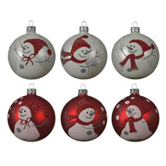 Decoris Glass Bauble with Snowman 8cm - 6 Red or White Assorted