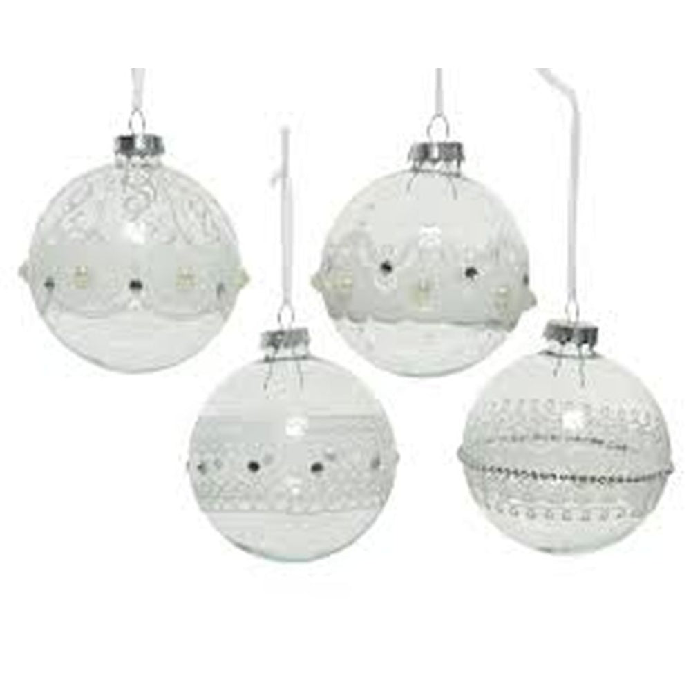 Decoris Glass Bauble with White Lace 8cm - 4 Assorted Transparent