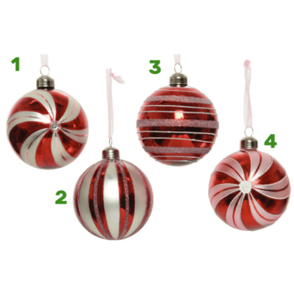 Decoris Glass Bauble with Candy Stripes 8cm - 4 Assorted Designs