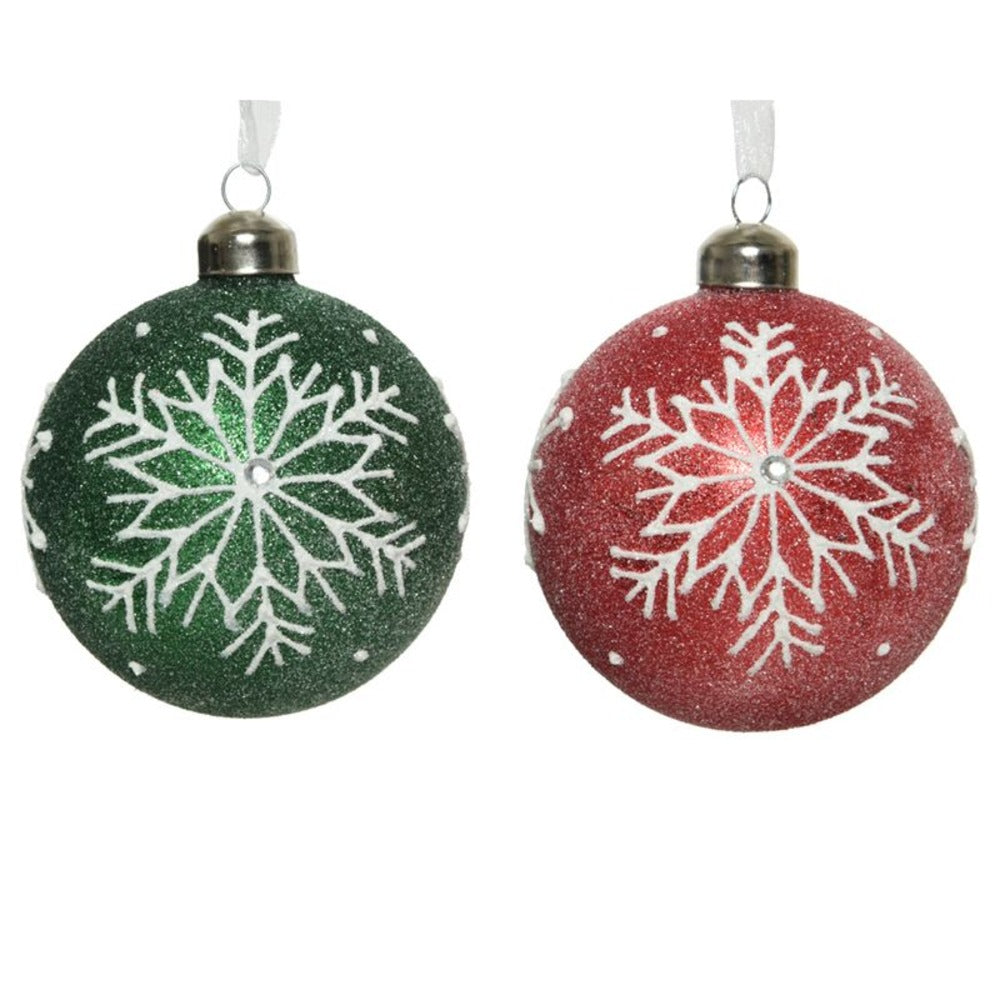 Decoris Glass Bauble with White Glitter Snowflake 8cm - 2 Assorted Colours