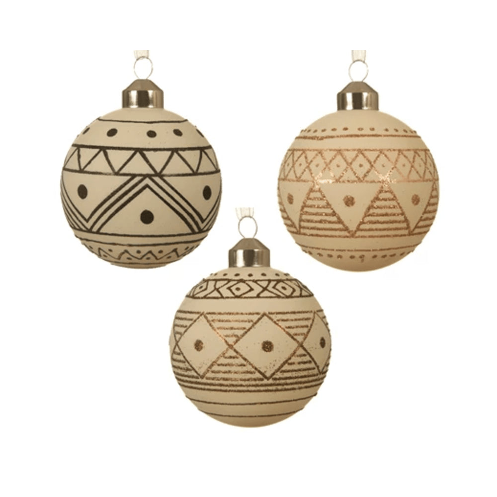 Decoris Glass Bauble Set of 3 Pieces with Geometric Pattern 8cm - Pearl