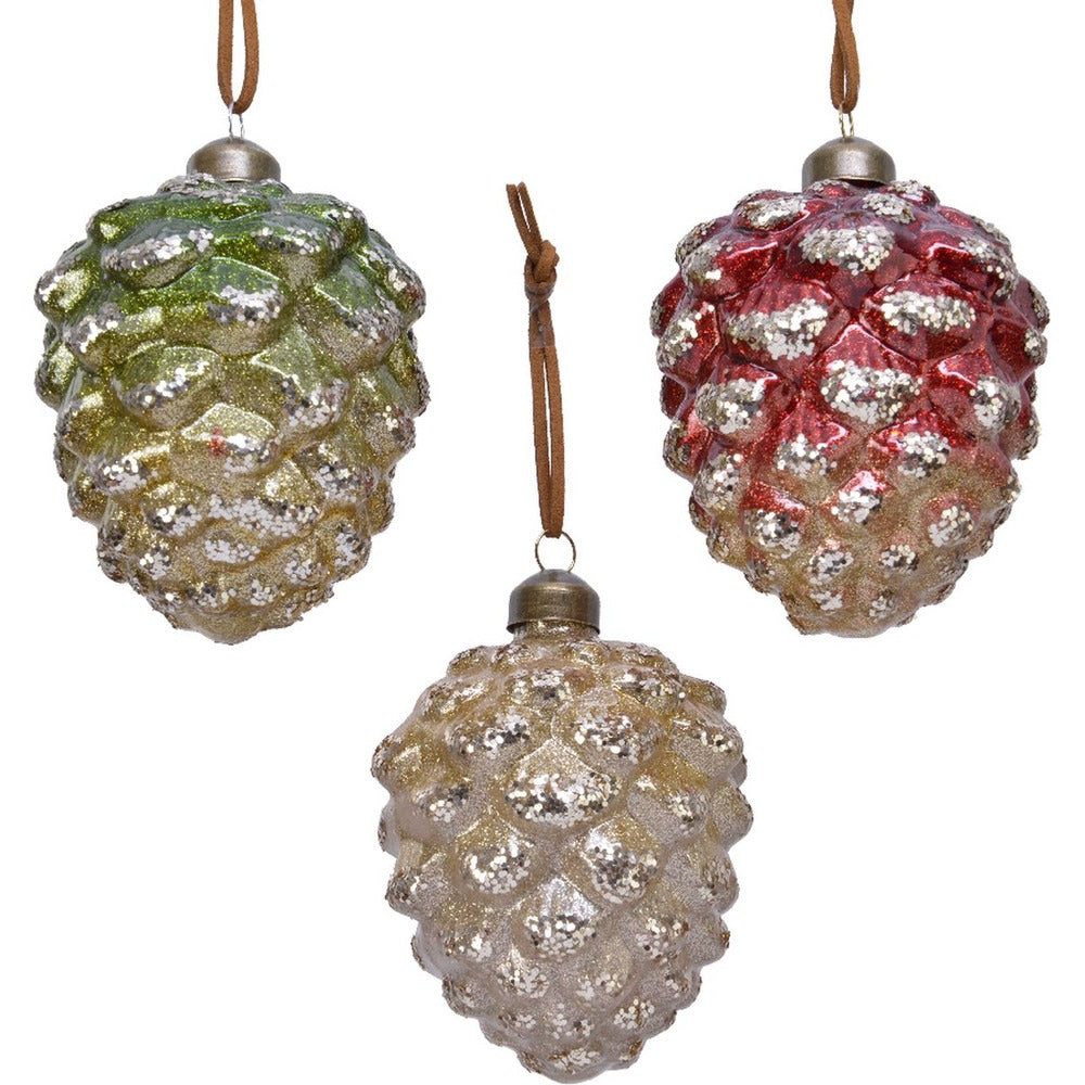 Decoris Hanging Glass Pinecone 10cm - 3 Assorted Colours