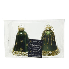 Decoris Hanging Glass Bell Set of 2 Pieces with Gold Glitter and Beads 8cm - Pine Green