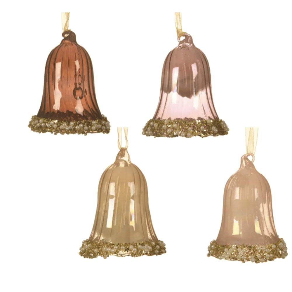 Decoris Hanging Glass Bell with Gold Bead Rim 6cm - 4 Assorted Shades of Pink