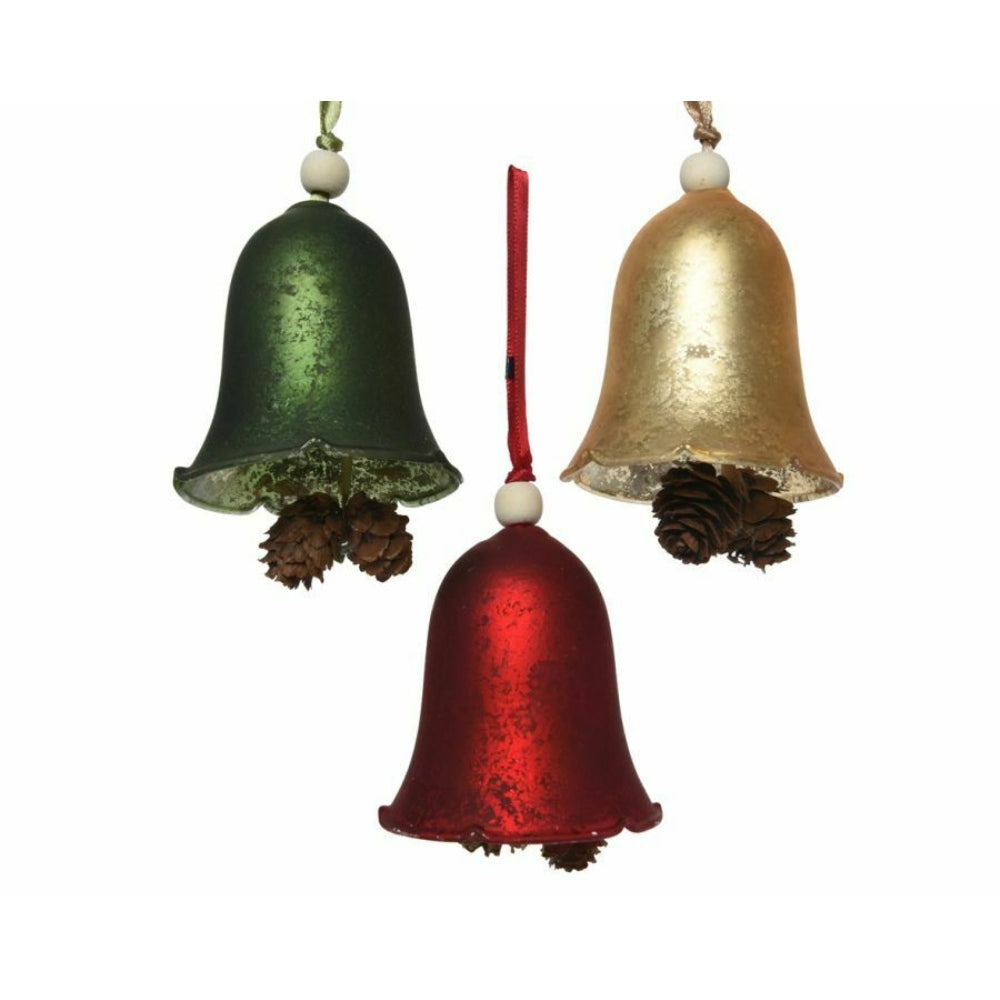 Decoris Hanging Glass Bell with Wooden Bead 8cm - 3 Assorted Colours