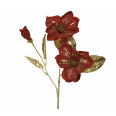 Decoris Polyester Magnolia on Stem with Gold Leaf 70cm - Red