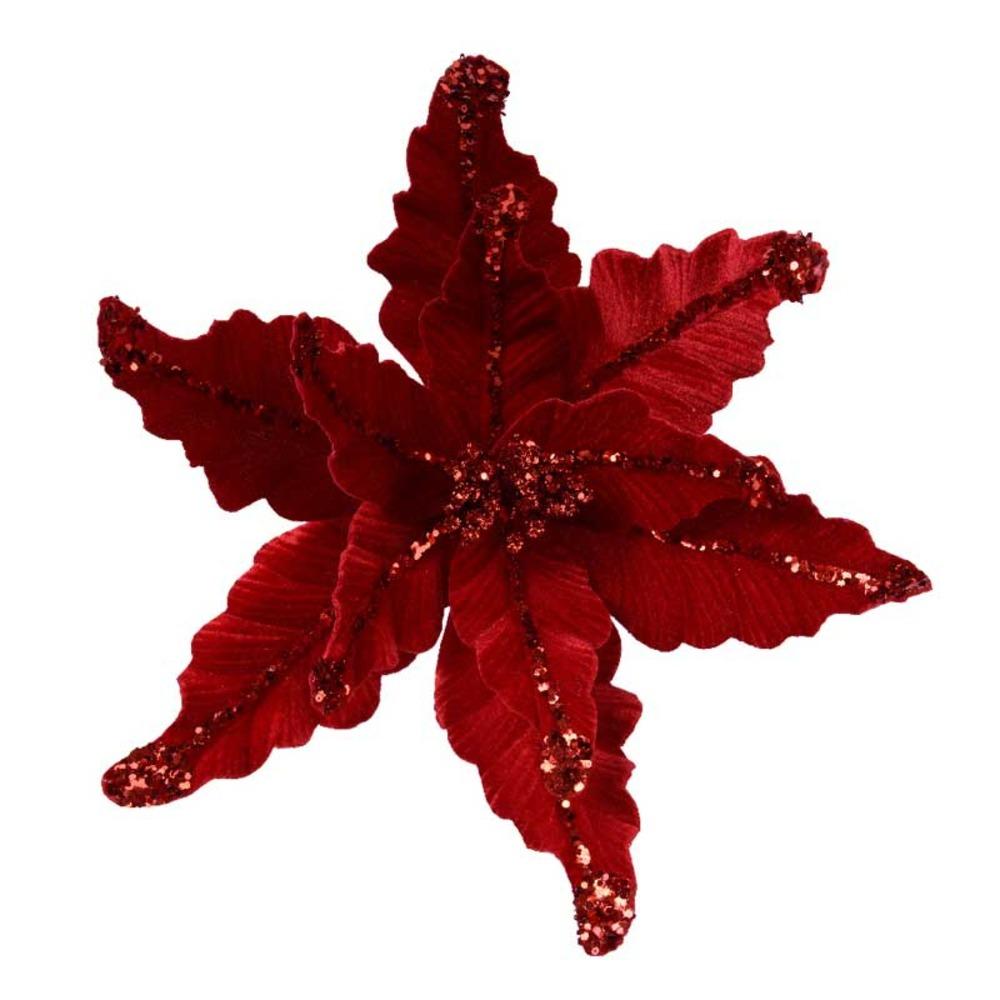 Everlands Polyester Velvet Poinsettia with Glitter 17 x 44cm - Christmas Red