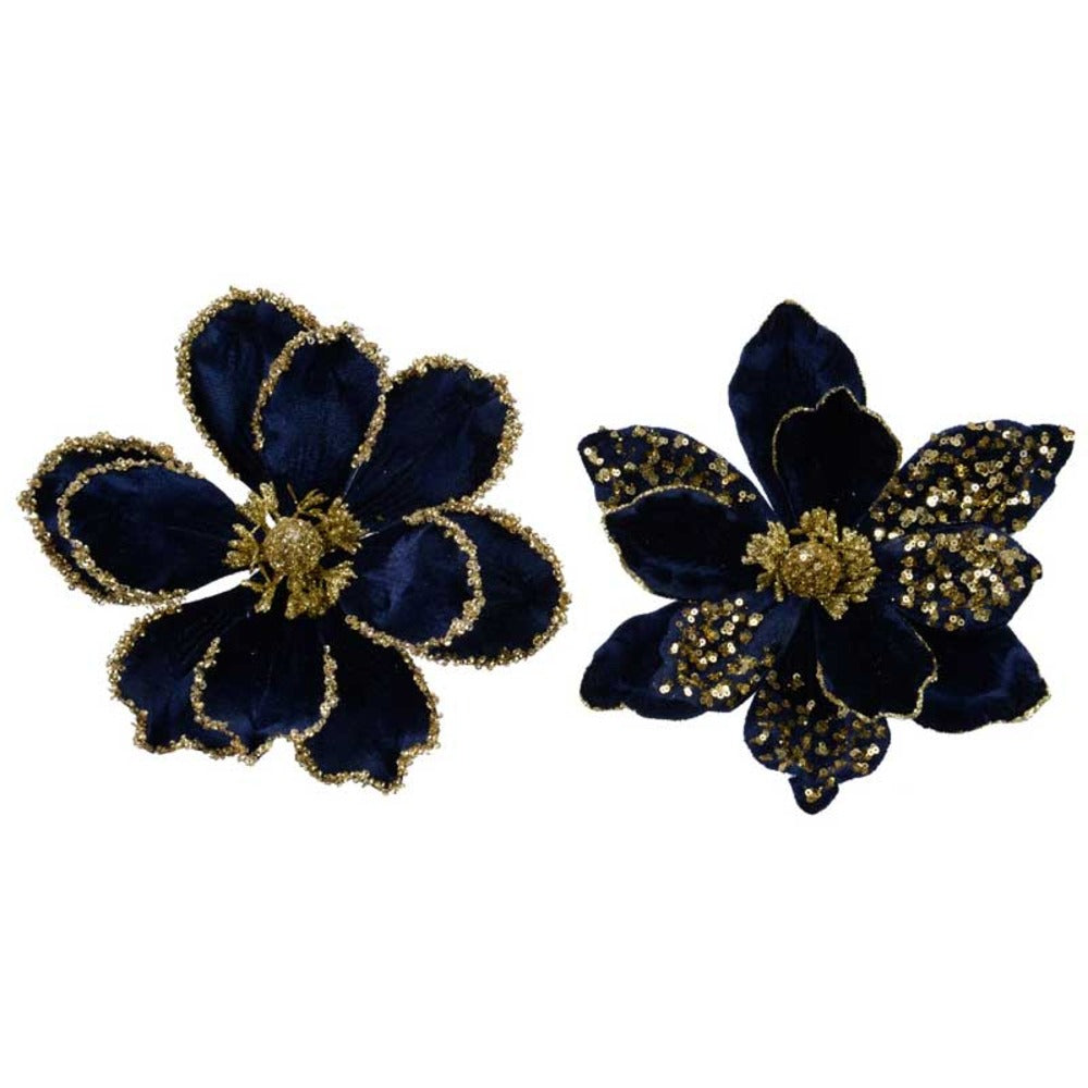 Everlands Clip-On Polyester Velvet Magnolia with Glitter 10 x 24cm - 2 Assorted Shades of Night Blue