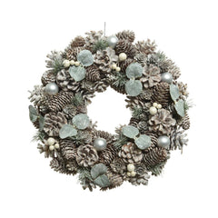 Decoris Frosted Wreath with Pinecones, Berries and Pearls 34cm - Green