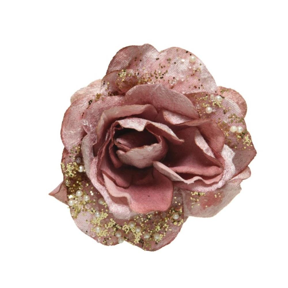 Everlands Clip-On Polyester Rose with Glitter and Pearls 13cm - Pink